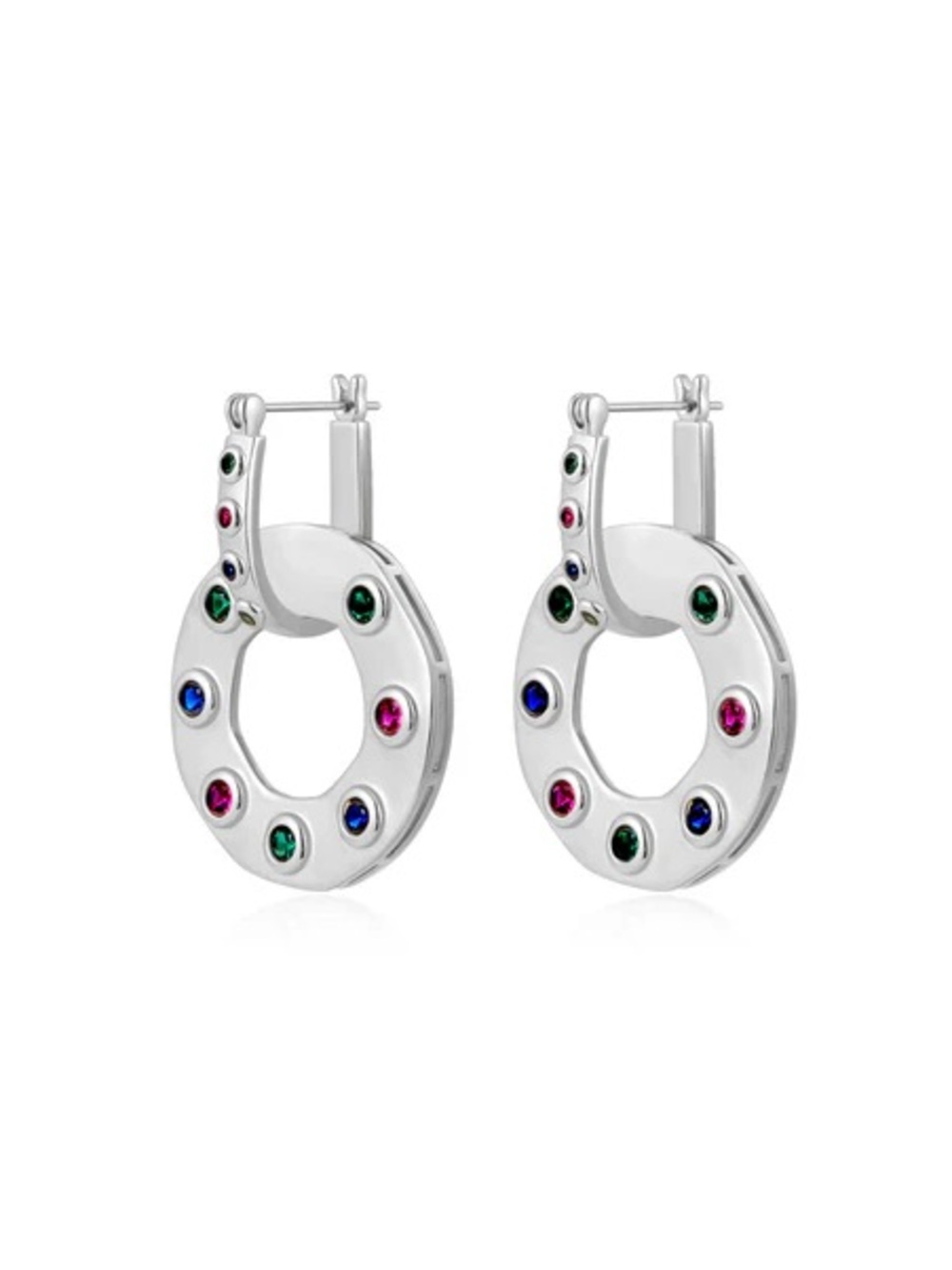 Luv AJ 2in1 Silver Statement Hoop Earrings with Green, Blue & Pink Stones